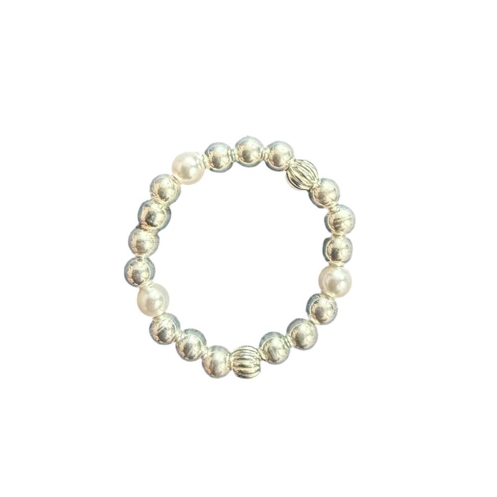 NEW BARA BOHEME women's noa beaded stretchy ring in sterling silver